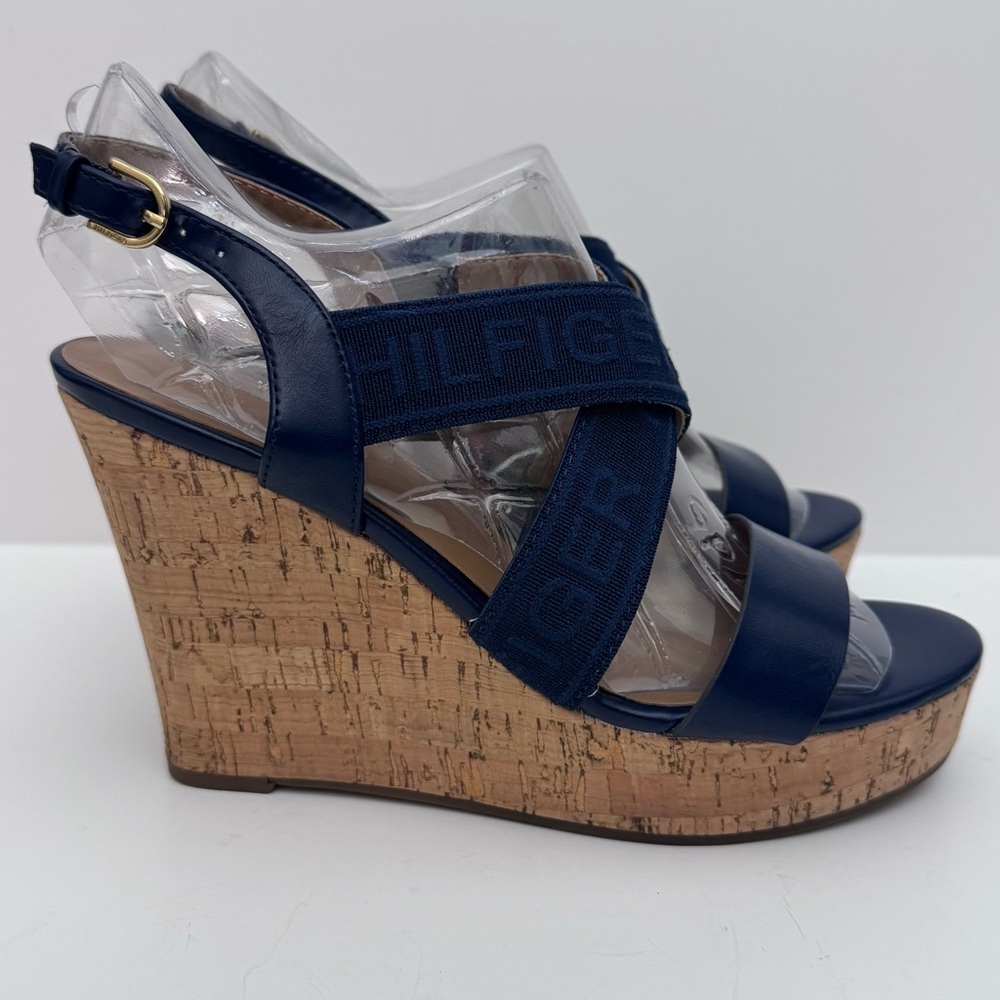 Tommy Hilfiger Woman’s Wedge Sandals Size7.5 Navy Blue Cork Platform Logo Straps - Picture 4 of 13